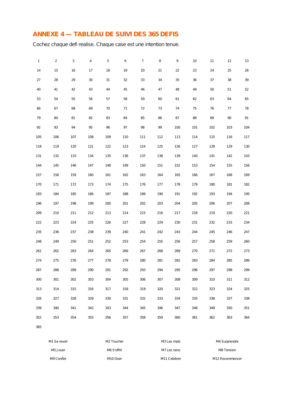 Tableau de suivi des 365 défis
